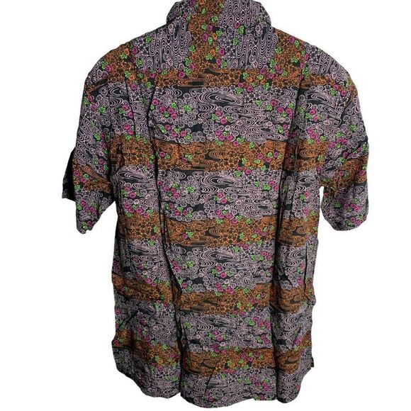 Vintage Button Up Polynesian Shirt L Black Floral Short Sleeve Collar Pocket - Picture 4 of 6